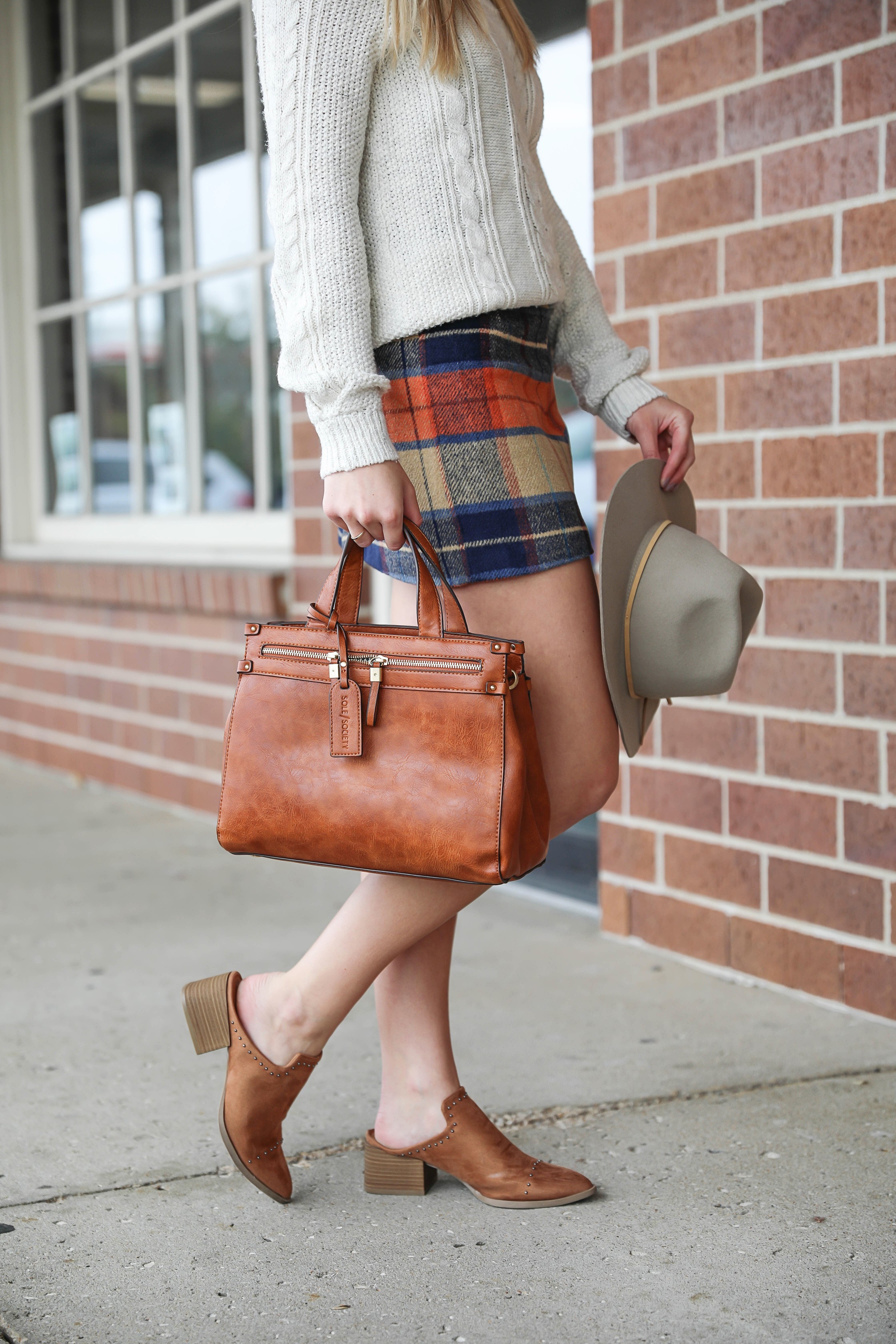 Plaid skirt with a cute cream knit off the shoulder sweater! The cutest fall outfit with a fun faux leather bag! Cute Abercrombie and Fitch and Lulu's fashion! Details on fashion blog daily dose of charm by Lauren Lindmark