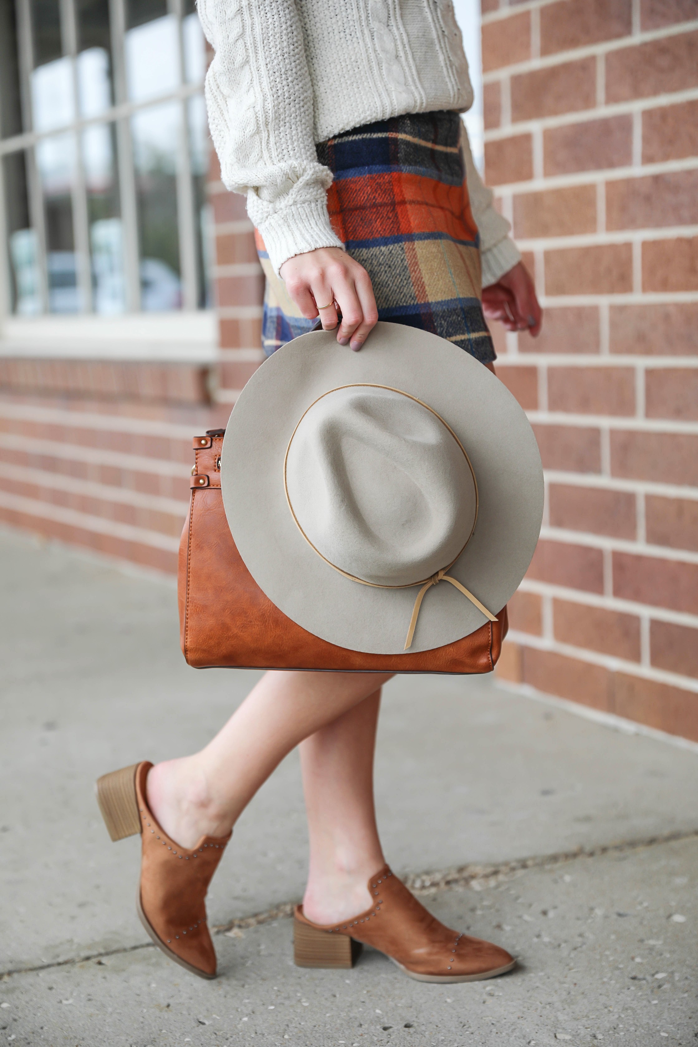 Plaid skirt with a cute cream knit off the shoulder sweater! The cutest fall outfit with a fun faux leather bag! Cute Abercrombie and Fitch and Lulu's fashion! Details on fashion blog daily dose of charm by Lauren Lindmark