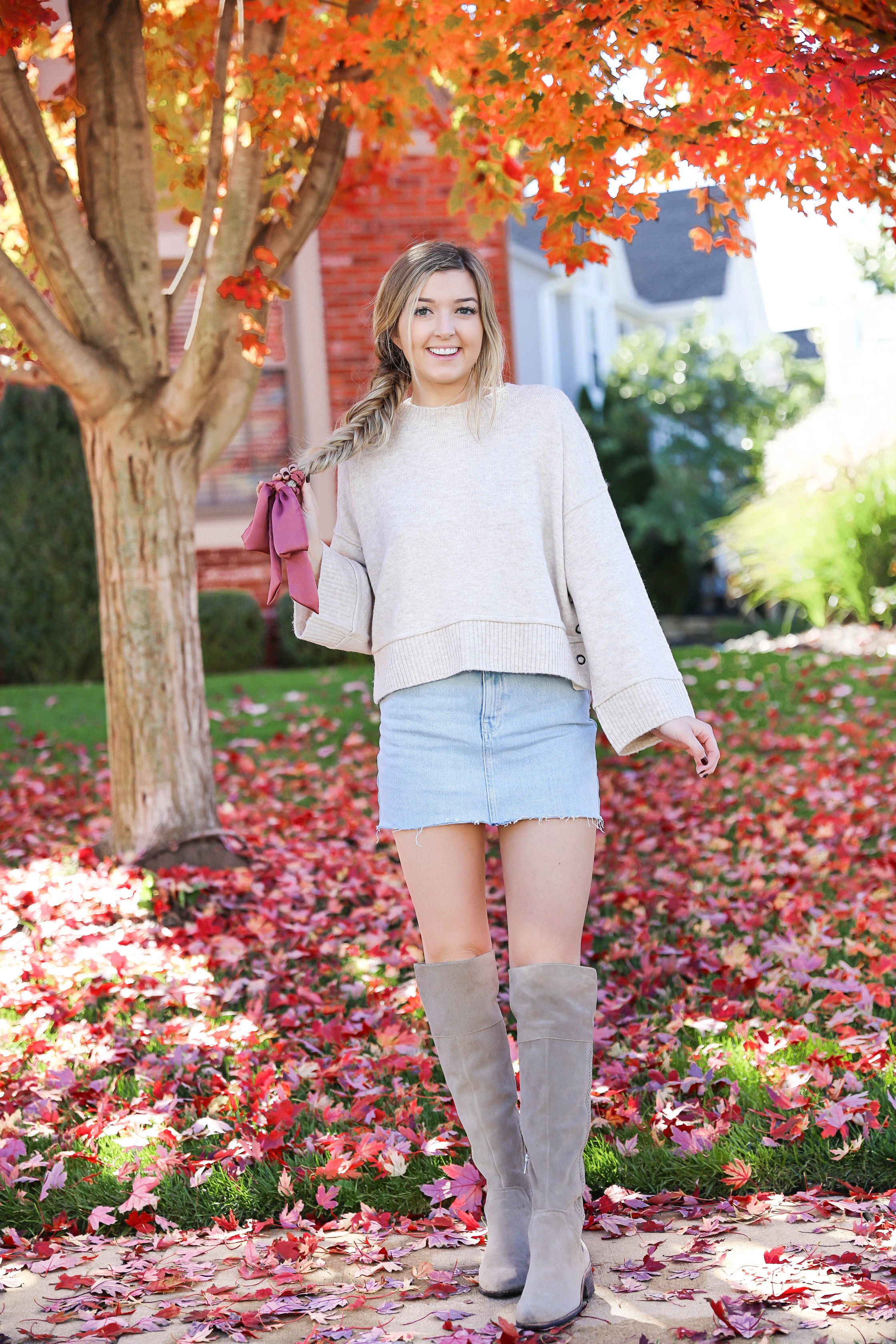 Two ways to style jean skirts in the fall! Jean skirt paired with a cute cardigan and jean skirt paired with a cropped sweater! Details on fashion blog daily dose of charm by lauren lindmark