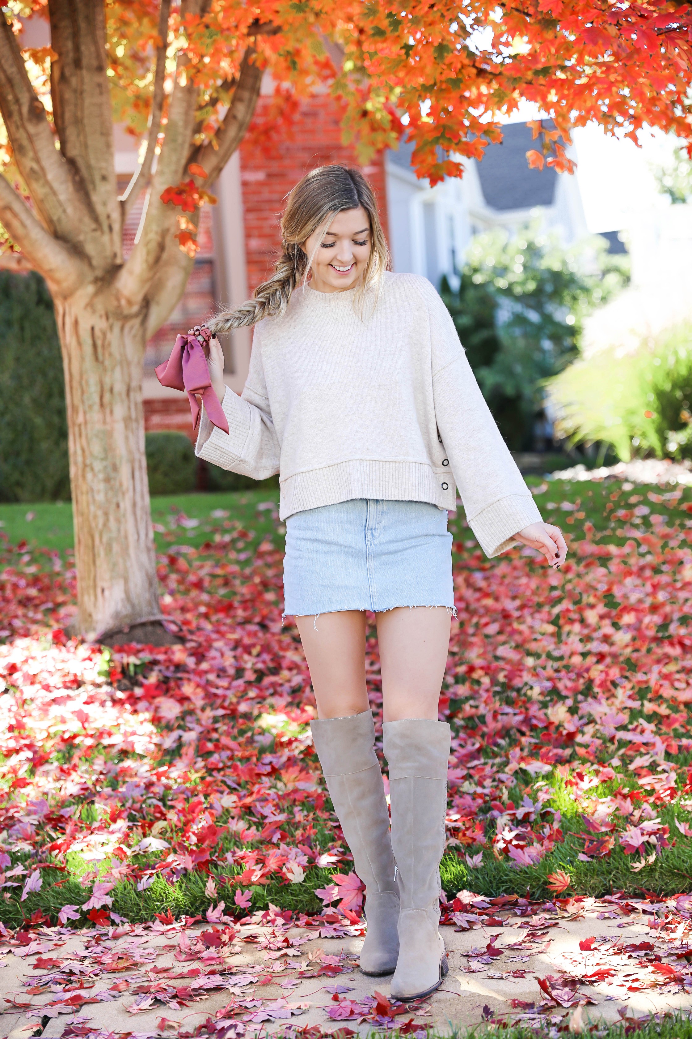 Denim skirt outlet pink cardigan