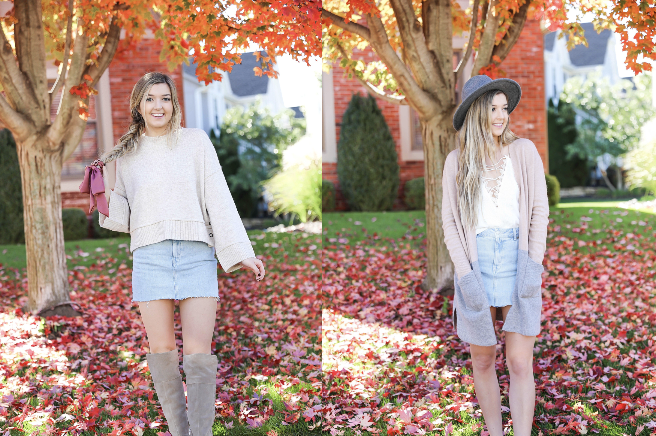 Two ways to style jean skirts in the fall! Jean skirt paired with a cute cardigan and jean skirt paired with a cropped sweater! Details on fashion blog daily dose of charm by lauren lindmark