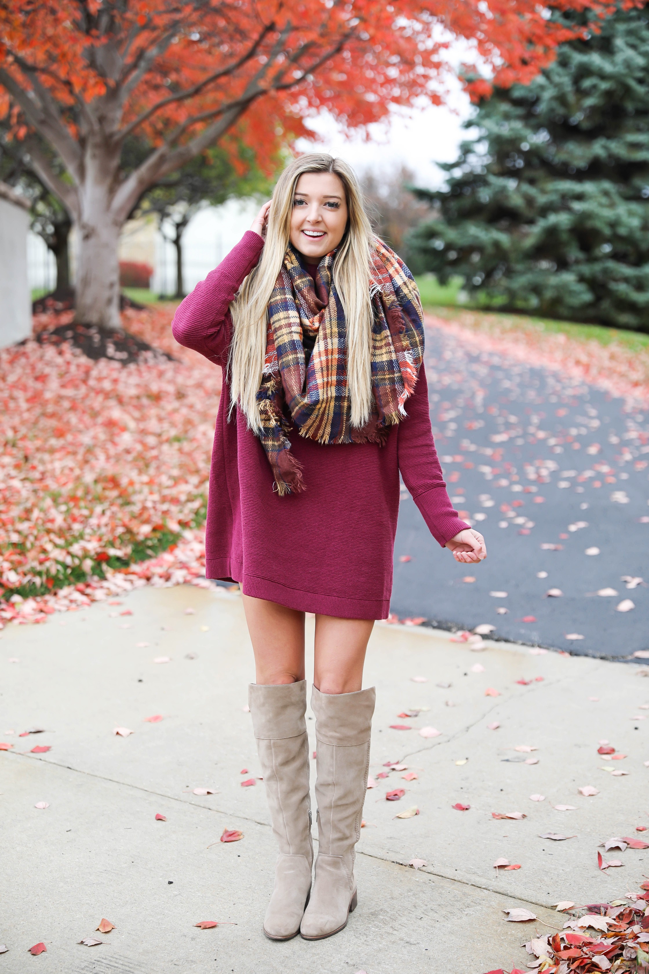 maroon sweater dress outfit