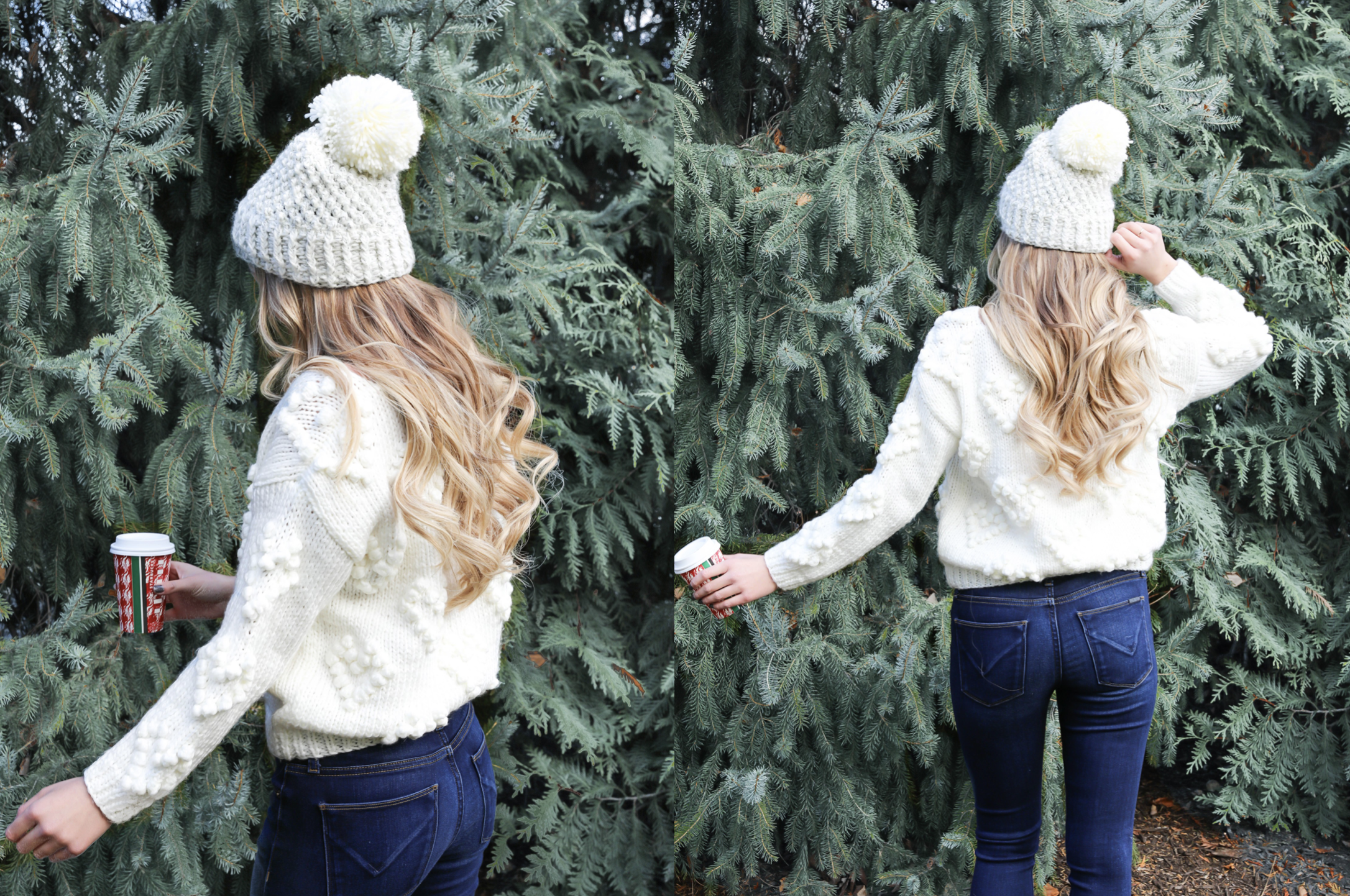Christmas beanie roundup! The cutest winter hats that I am loving! Also wearing this cute chicwish heart pom sweater! Cute christmas tree photo idea! All details on fashion blog daily dose of charm by lauren lindmark