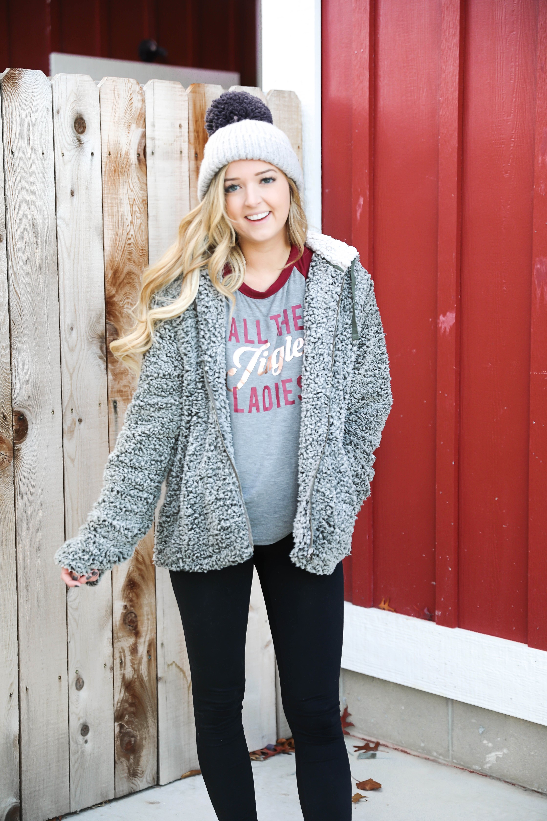 The softest sherpa zip up jacket! This Jacket is so comfortable and adorable for the holidays! I wore it with this cute grey beanie and all the jingle ladies shirt! Cute idea for a comfy winter outfit! Details on fashion blog daily dose of charm by lauren lindmark
