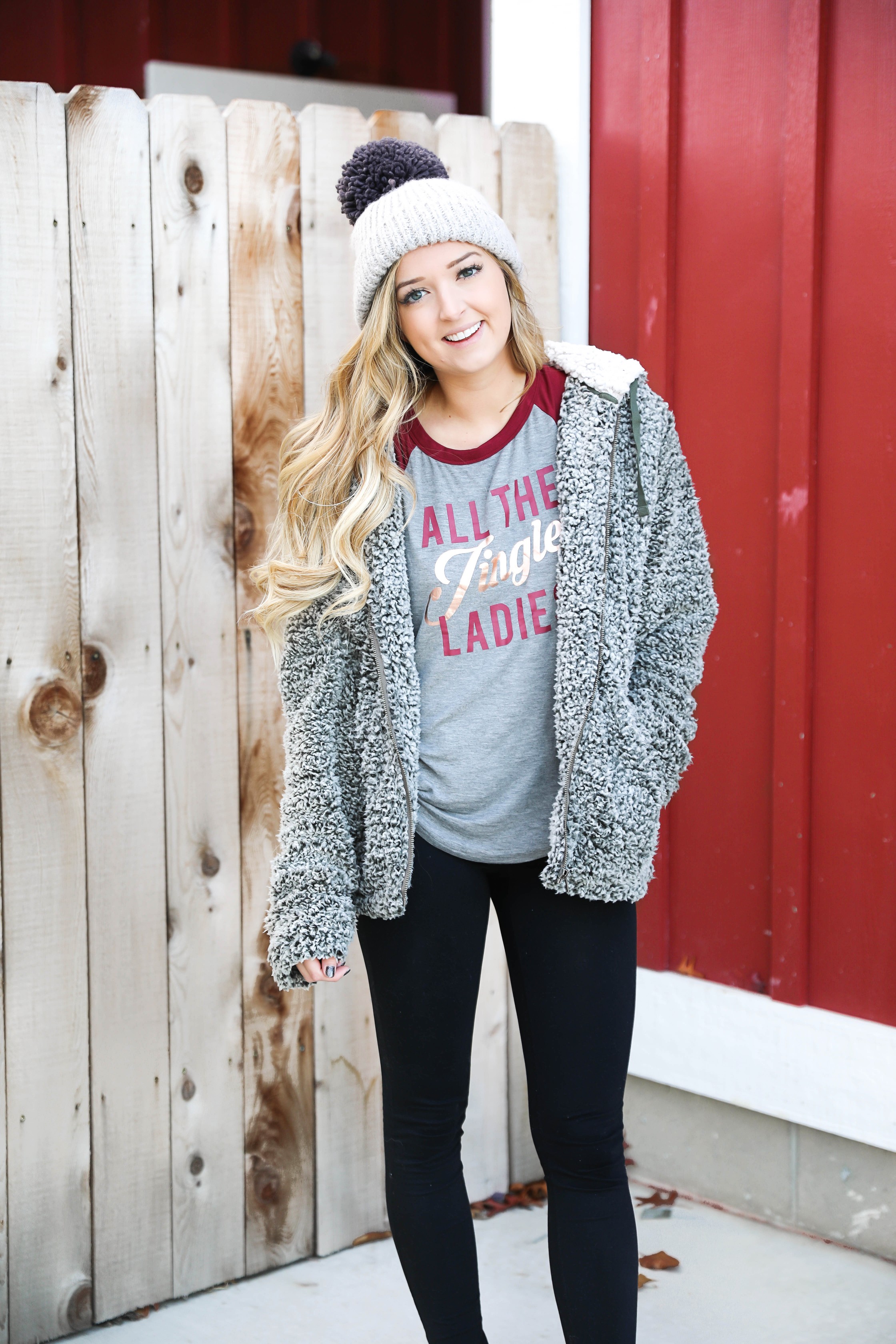 The softest sherpa zip up jacket! This Jacket is so comfortable and adorable for the holidays! I wore it with this cute grey beanie and all the jingle ladies shirt! Cute idea for a comfy winter outfit! Details on fashion blog daily dose of charm by lauren lindmark