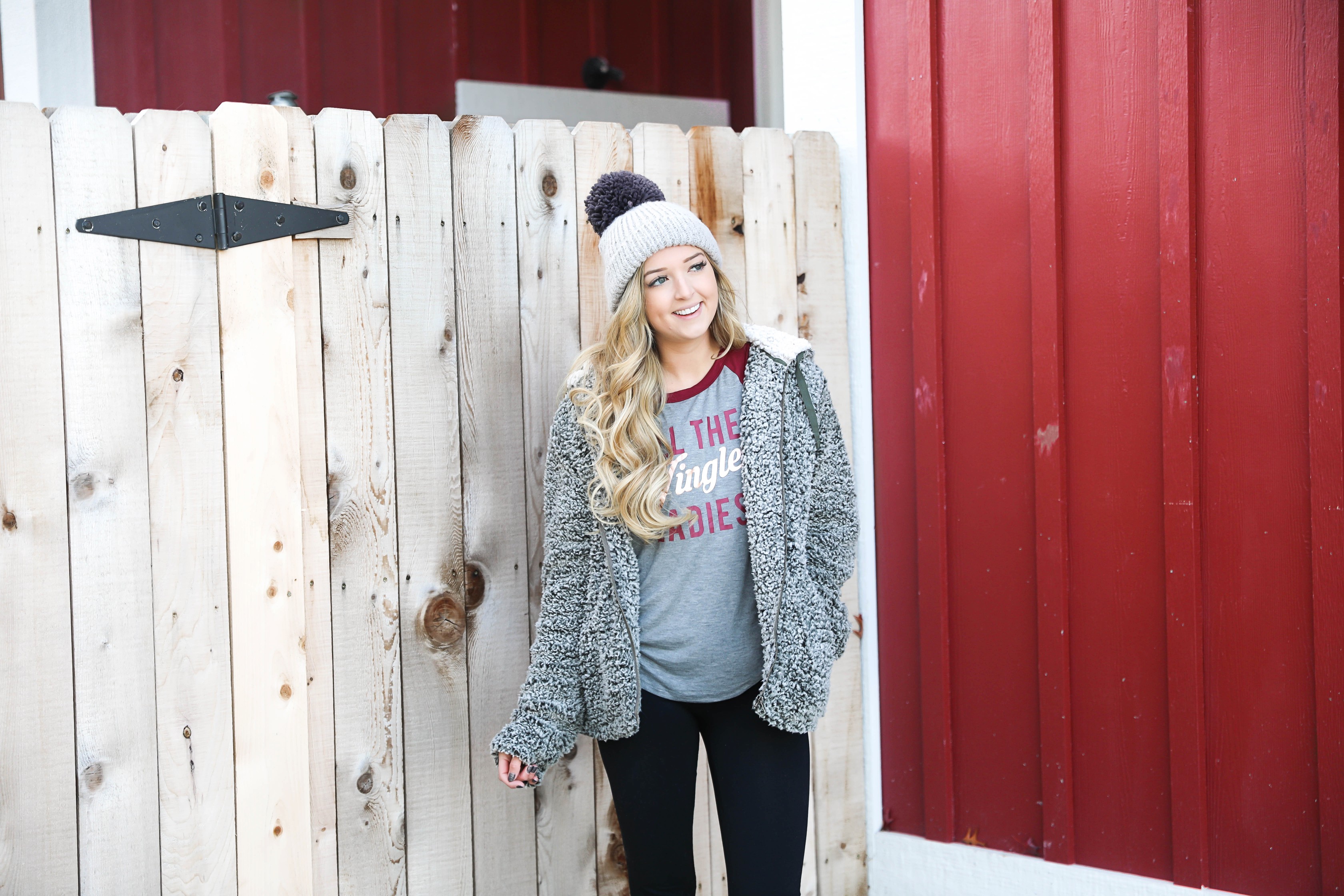 The softest sherpa zip up jacket! This Jacket is so comfortable and adorable for the holidays! I wore it with this cute grey beanie and all the jingle ladies shirt! Cute idea for a comfy winter outfit! Details on fashion blog daily dose of charm by lauren lindmark