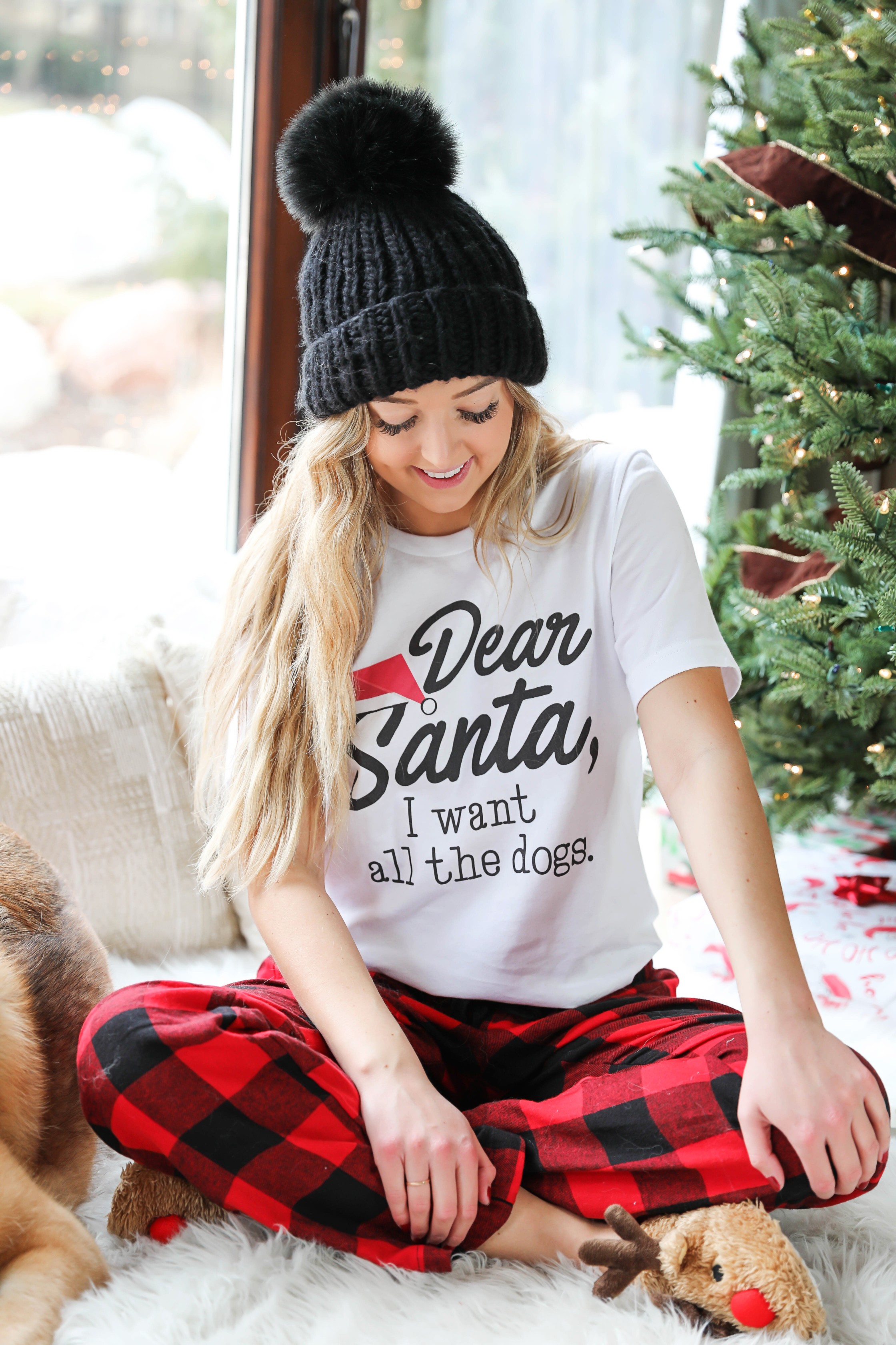 Matching pajamas with my puppy! My dog and I wear matching chrismas pjs every year! This is my puppy, beau, the pomeranian! Cute Christmas photoshoot on fashion blog daily dose of charm by lauren lindmark