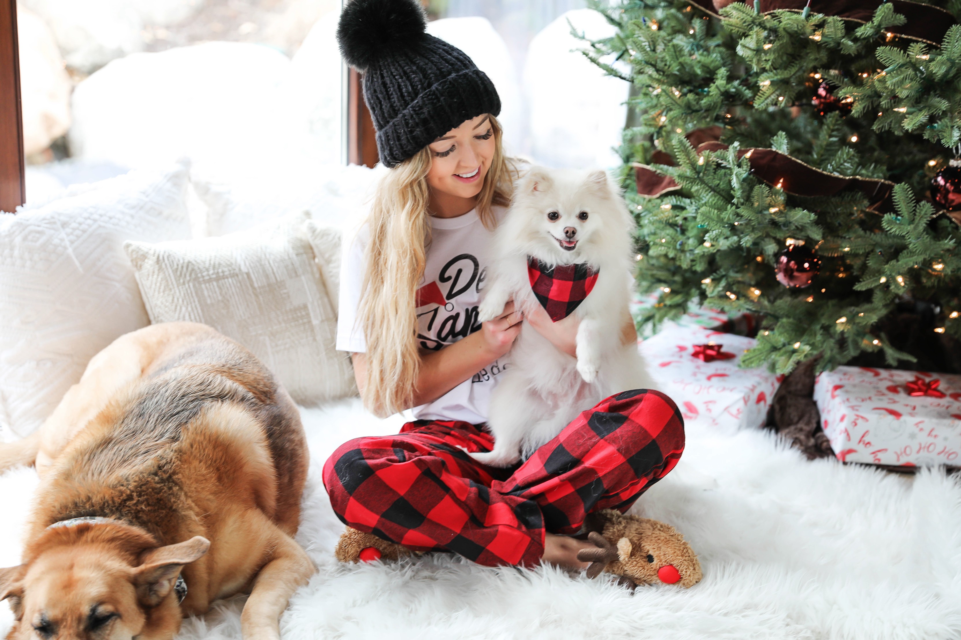 Matching pajamas with my puppy! My dog and I wear matching chrismas pjs every year! This is my puppy, beau, the pomeranian! Cute Christmas photoshoot on fashion blog daily dose of charm by lauren lindmark