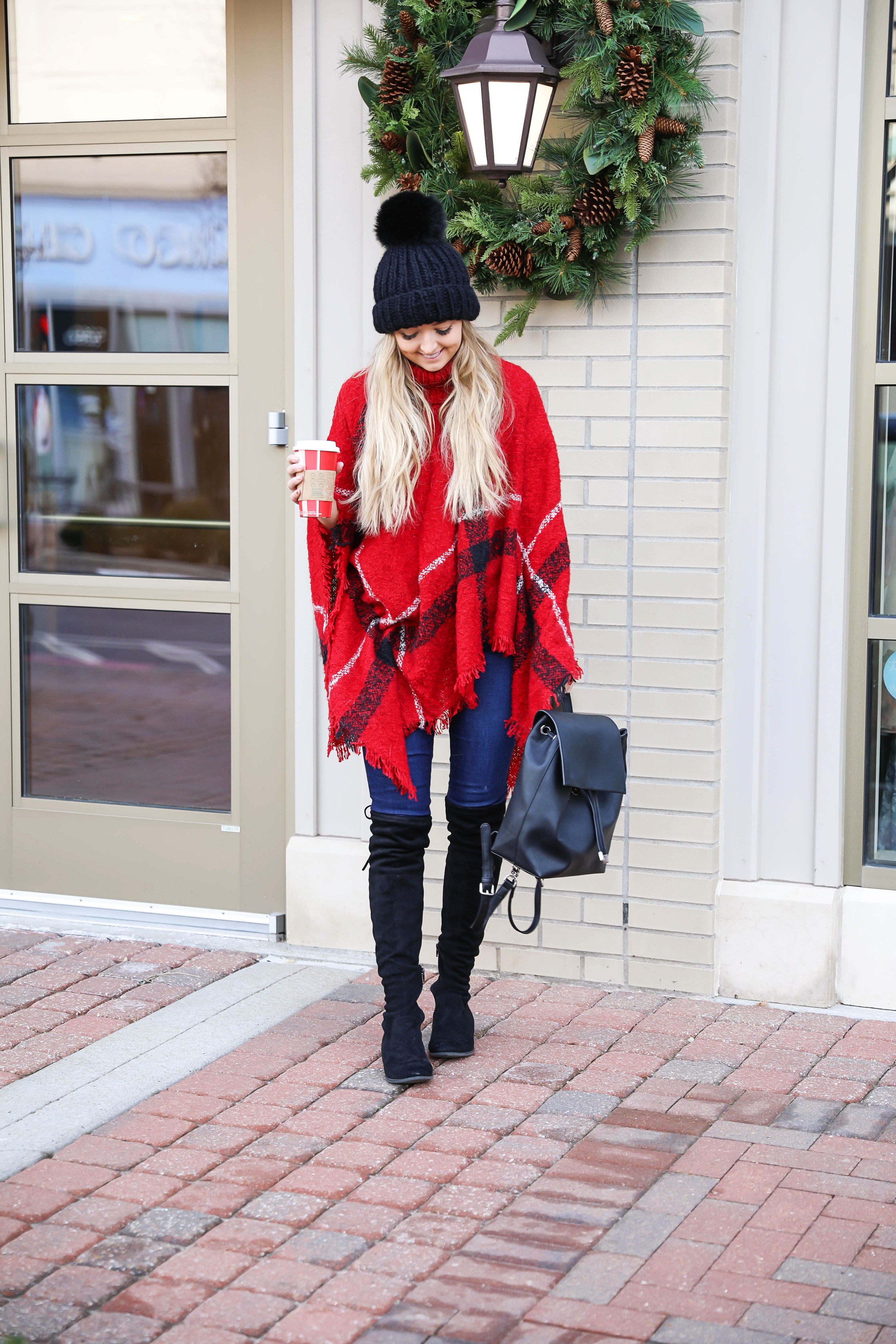 Red plaid Christmas poncho with the cutest turtleneck! I got this cute outfit from the Pink Lily Boutique! I love winter fashion, this holiday outfit would make for a cute Christmas look! Details on the blog daily dose of charm by lauren lindmark