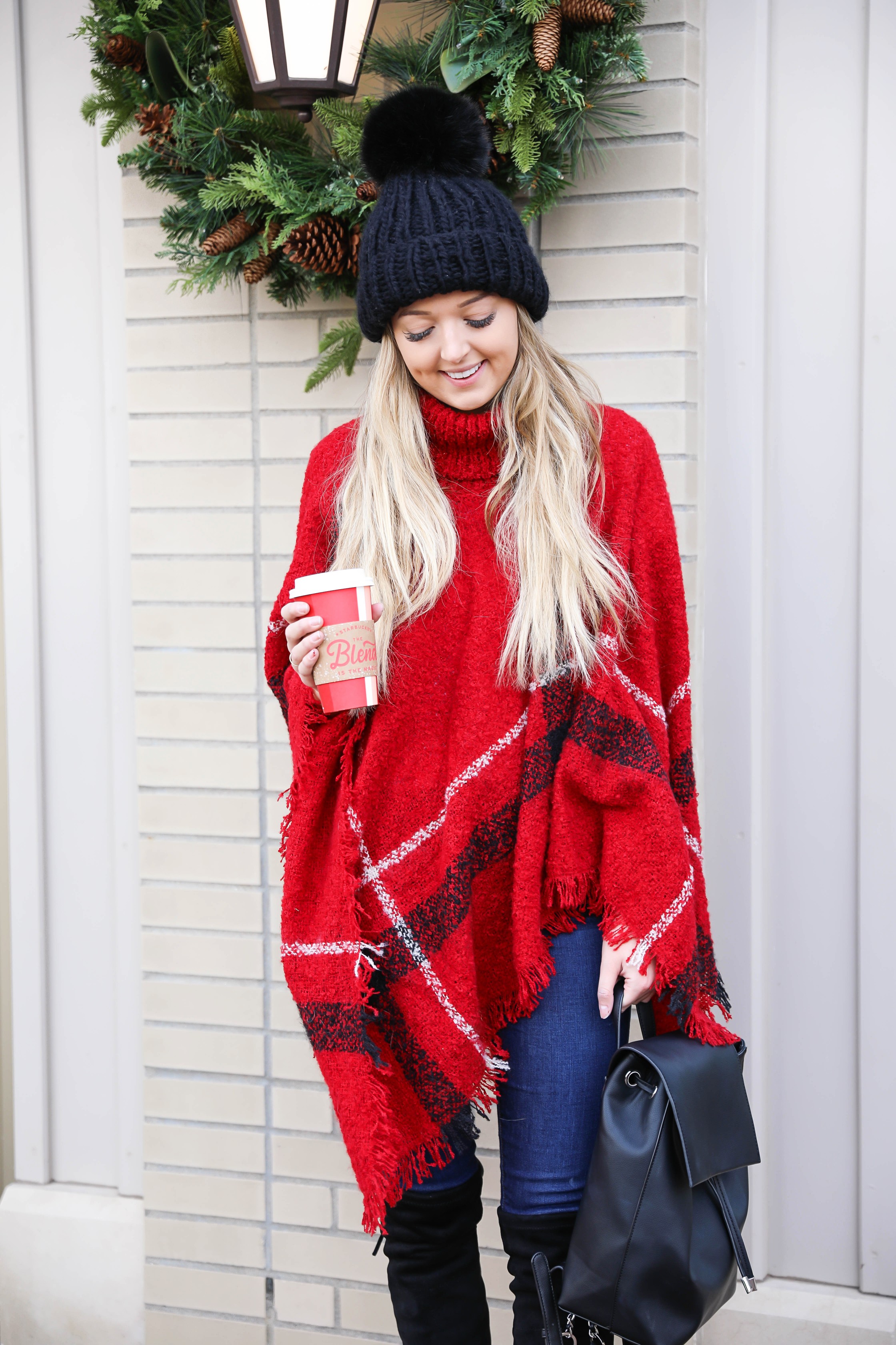 Red plaid Christmas poncho with the cutest turtleneck! I got this cute outfit from the Pink Lily Boutique! I love winter fashion, this holiday outfit would make for a cute Christmas look! Details on the blog daily dose of charm by lauren lindmark