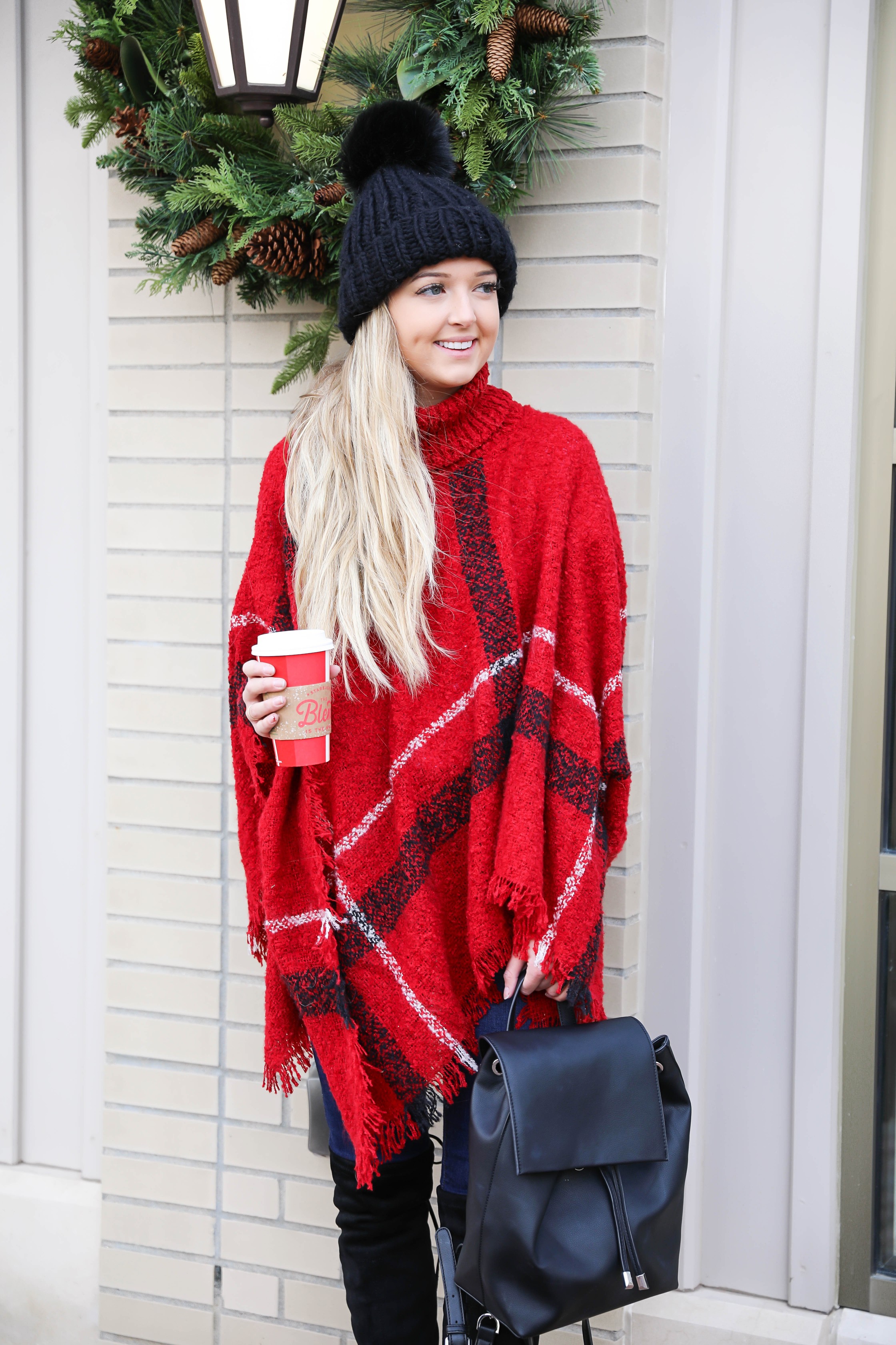 Red plaid Christmas poncho with the cutest turtleneck! I got this cute outfit from the Pink Lily Boutique! I love winter fashion, this holiday outfit would make for a cute Christmas look! Details on the blog daily dose of charm by lauren lindmark