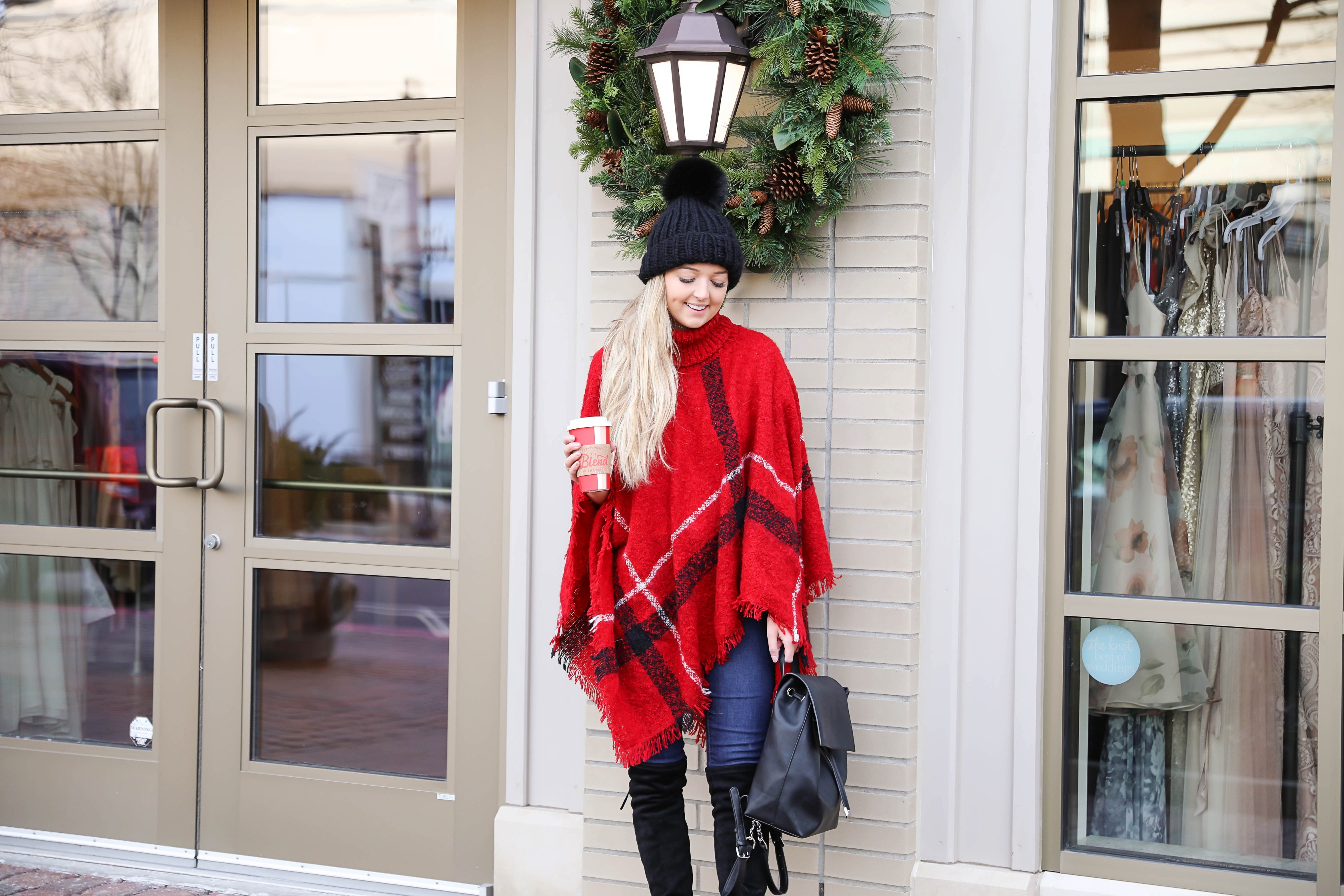Red plaid Christmas poncho with the cutest turtleneck! I got this cute outfit from the Pink Lily Boutique! I love winter fashion, this holiday outfit would make for a cute Christmas look! Details on the blog daily dose of charm by lauren lindmark