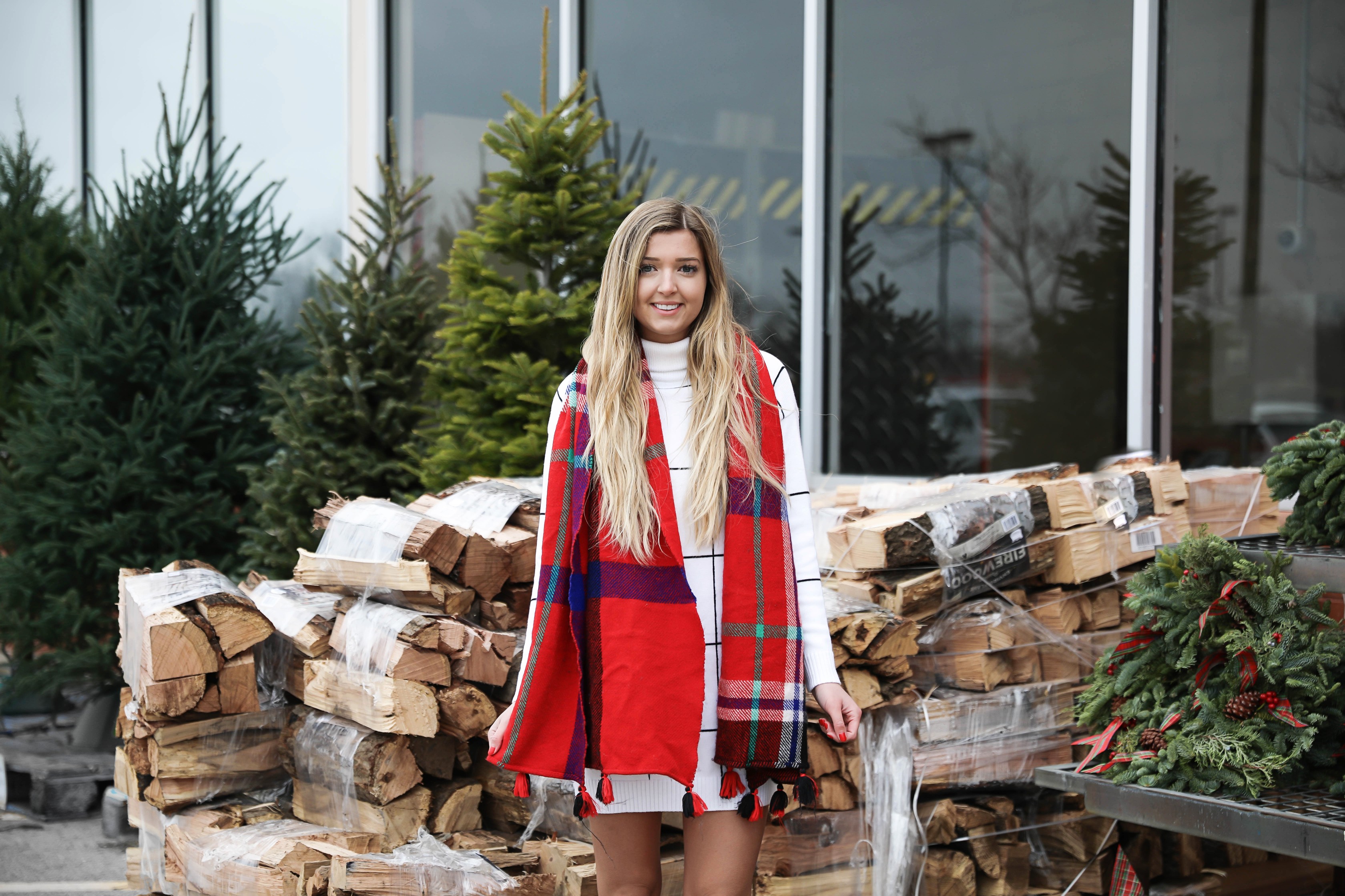 The cutest black and white window pane dress from chicwish! I paired it with my favorite jcrew red plaid scarf and my black hinge booties from Nordstrom BP! Details on this winter outfit on fashion blog daily dose of charm by lauren lindmark