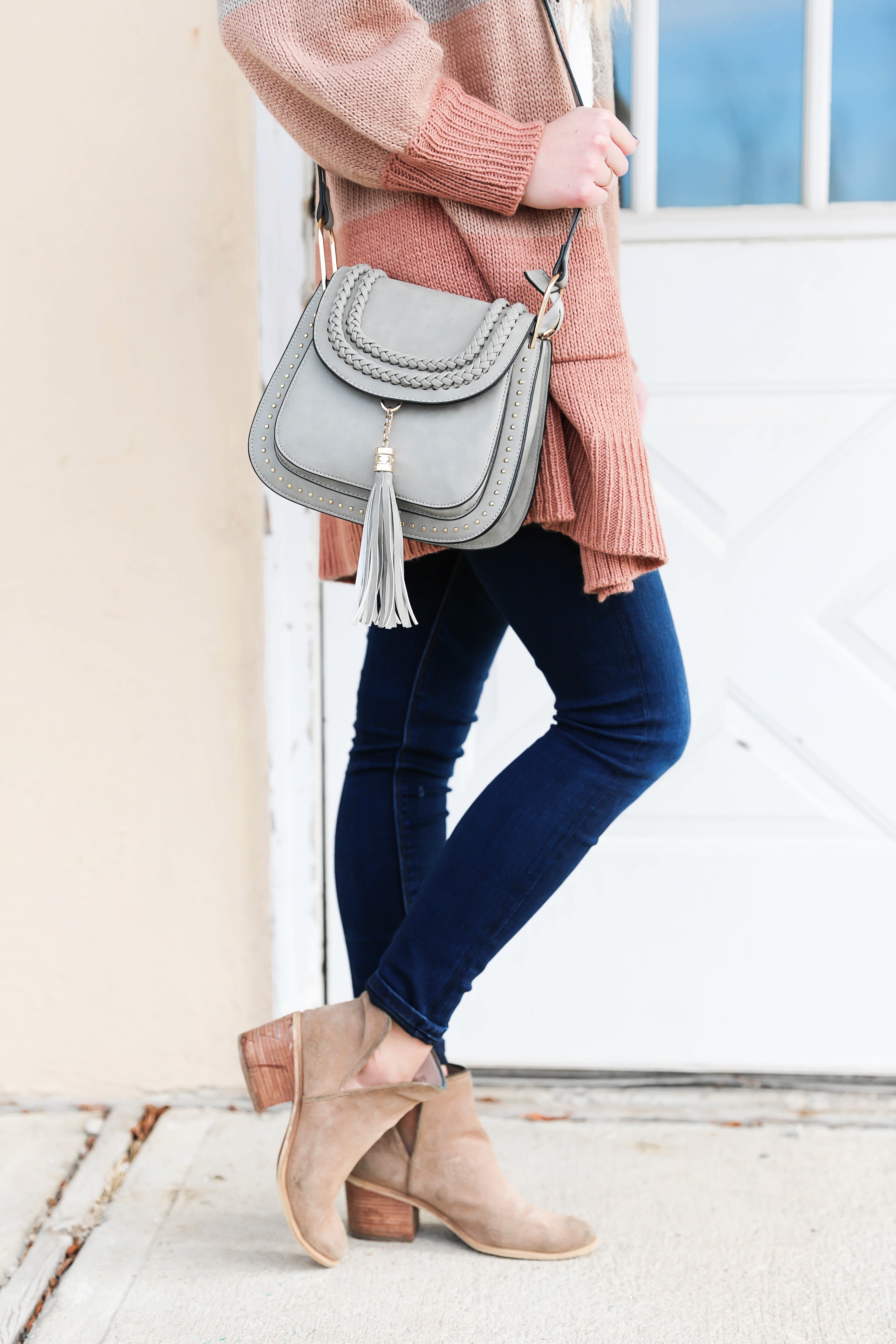 Color block cardigan from target! I am obsessed with all of Target's clothing! I styled it with my favorite Madewell dark jeans, a cute white beanie, and lace cami! I also answer all your questions in this post! Such a fun Q&A! Winter to spring outfit details on the blog daily dose of charm by lauren lindmark