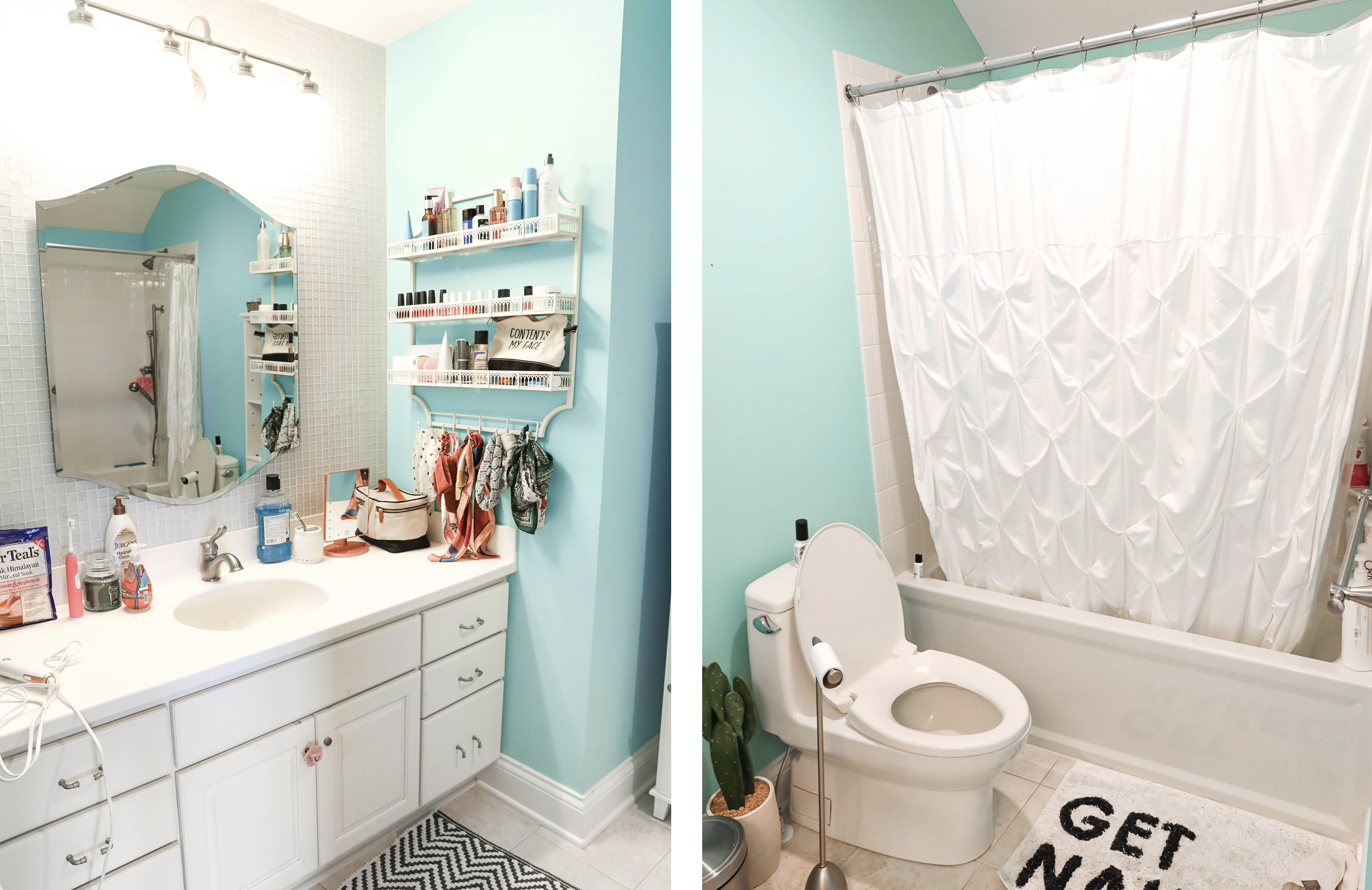 Bathroom transformation! The before photo of this bathroom are horrible, such an ugly blue color! I switched it up with some cute black and white Dalmatian wallpaper! This wallpaper is completely temporary and removable which makes it great for renting! Such a cute interior design post! Cutest black and white bathroom! Details on lifestyle and fashion blog daily dose of charm by lauren lindmark