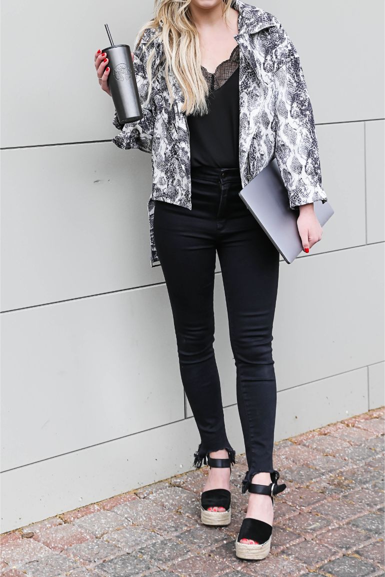 Snake skin jacket chic work look instagram engagement tips fashion blog daily dose of charm lauren lindmark