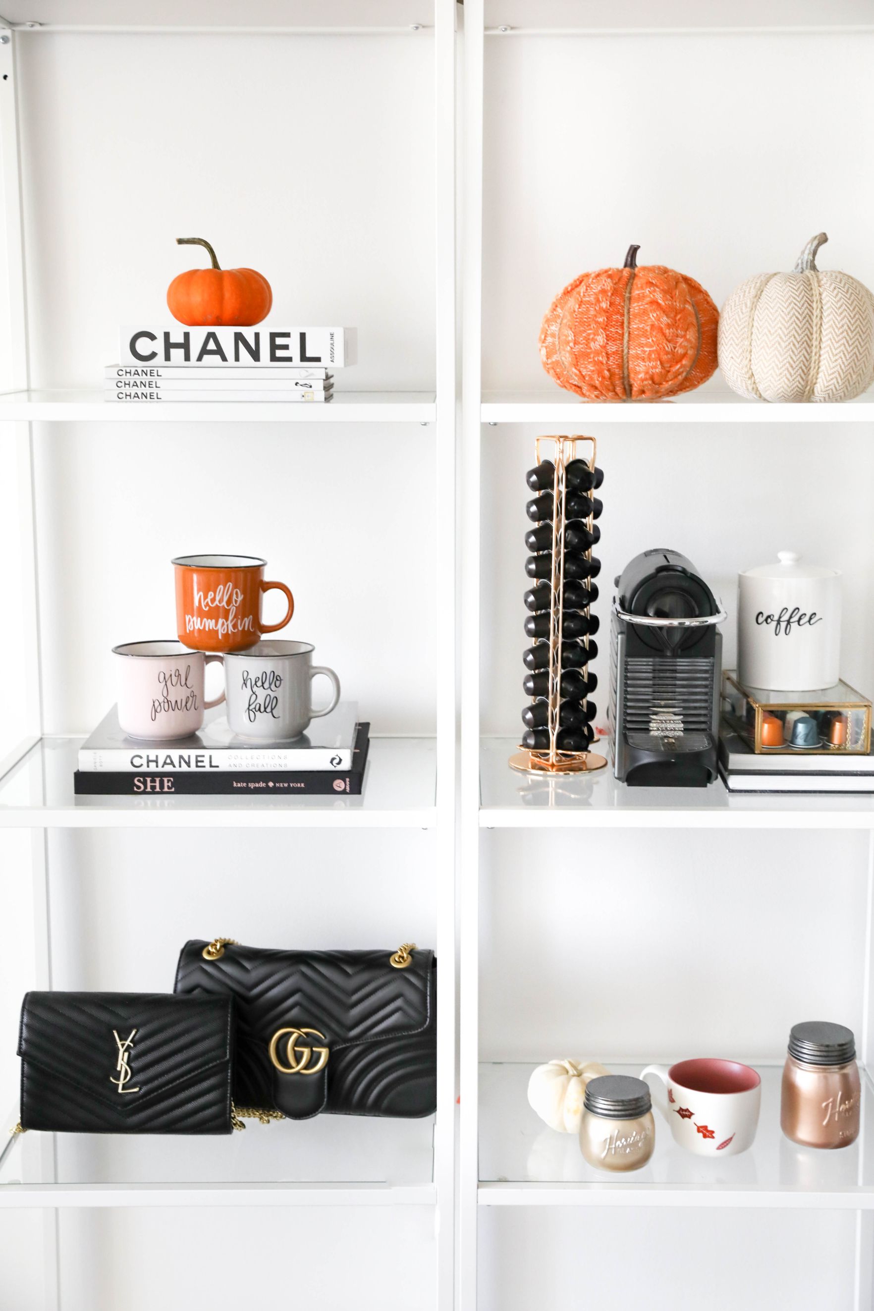 Fall Decor! Cute inspiration for your bar cart or coffee bar! Autumn Decor on Fashion Blog Daily Dose of Charm by Lauren Lindmark